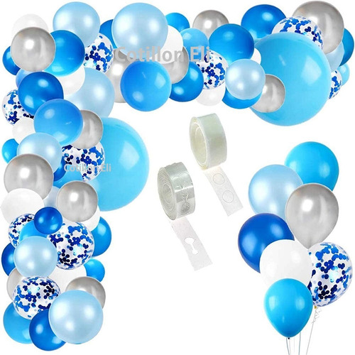 Arco Globos Celeste Plata Confetti  1 Año Baby Shower Cumple