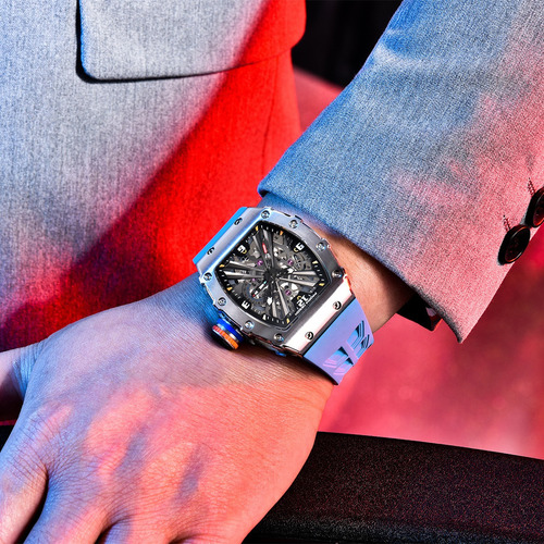 Reloj De Pulsera Analógico Ejecutivo Pagani Design Para Homb Correa Celeste Bisel Plateado Fondo Negro