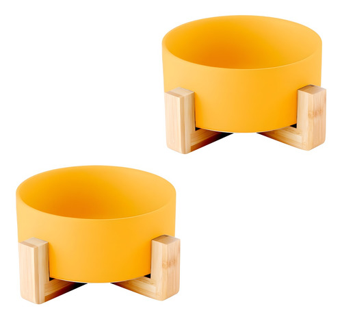 2pack Plato Para Perros Y Gatos De Cerámica Con Base Bambú Color Amarillo