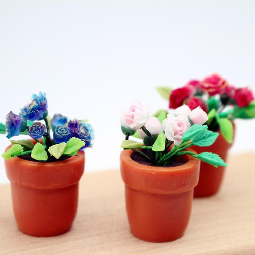 2 Casa De Muñecas En Miniatura, Flores Rosadas