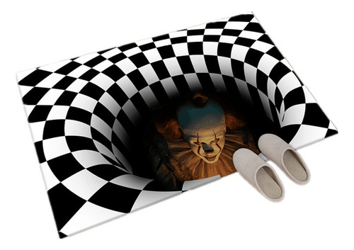 O tapete de sala de estar visual 3D Halloween Clown Trap de 50* 80 cm é preto com design de tecido de poliéster