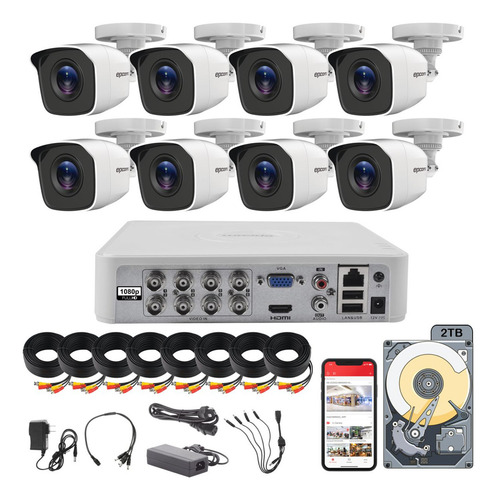 Kit Video Vigilancia Epcom Dvr 8 Canales 8 Camaras 1080p 2mp Metal B8-TURBO-G2W Cable Coaxial 18mts + Hdd 2tb