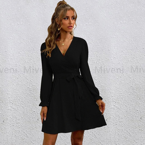 Vestido De Color Sólido Con Cuello Abierto Y Manga Linterna
