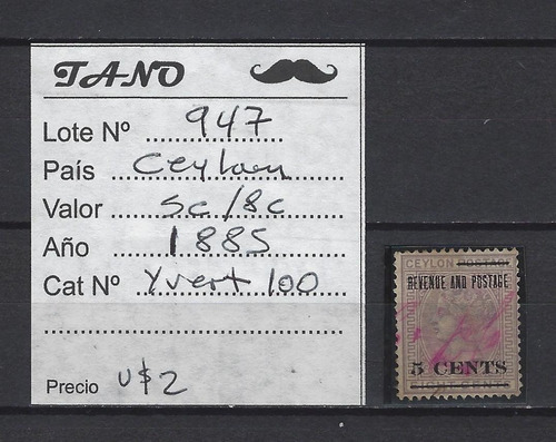 Lote947 Ceylan 5c / 8 Cent. Año 1885 Yvert# 100