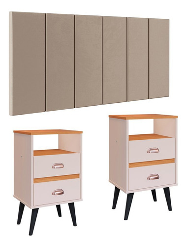 Painel Modular Box Casal 1,4 Kit Mesa Cabeceira Gaveta Nicho Cor Bege Suede | Off/Cinamomo