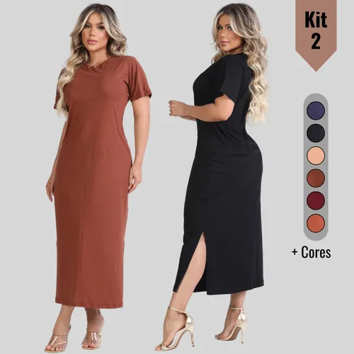 Kit 2 Vestido Feminino Fenda Lateral Comfy Algodão Premium