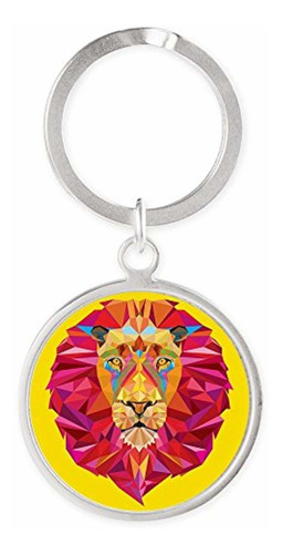 Round Keychain Geometric Lion King Of The Jungle