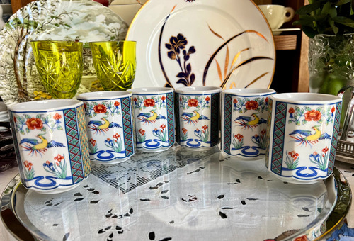 Set De 6 Tazas Porcelana Te Oriental Deco Flowers 6 Birds 