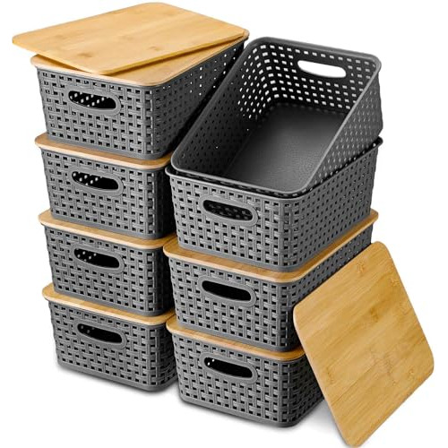 Barydat 8 Pack Plastic Storage Cestas Con Bamboo Lid 1g7jt