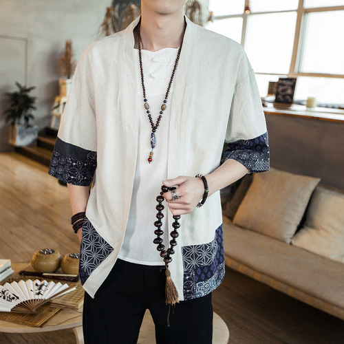 Camisa Hanfu Cárdigan Retales Informal Hombre Estilo Chino