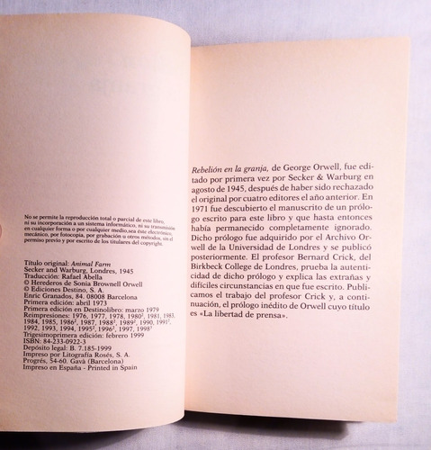 2 Libros Rebelión En La Granja De George Orwell 1999 Y 2022 (Usado)
