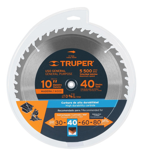 Disco Sierra P/madera 10 PuLG 40 Dientes, Centro 5/8'' 18305 Color Gris