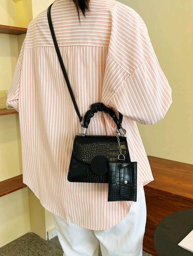 Cartera Mini Bag Croco Mujer Importada Con Monedero Negro Croco Plateado
