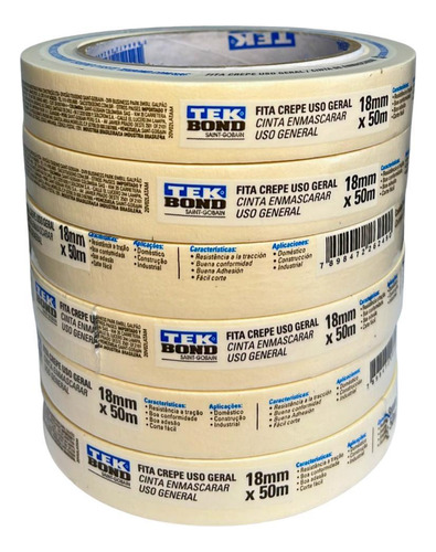 Fita Crepe Para Uso Geral 18mm X 50m Com 6 Unidades Tekbond