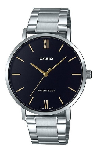 Reloj de pulsera Casio Dress MTP-VT01 de cuerpo color plateado, analógico, para hombre, fondo negro, con correa de acero inoxidable color plateado, agujas color dorado, dial dorado, bisel color plateado y desplegable