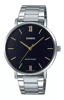 Reloj pulsera Casio Dress MTP-VT01 de cuerpo color plateado, analógico, para hombre, fondo negro, con correa de acero inoxidable color plateado, agujas color dorado, dial dorado, bisel color plateado