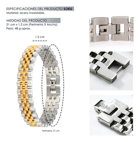 Soku Pulsera Brazalete Chapado Acero Inoxidable Premium Color Oro-plata Largo 21 Cm