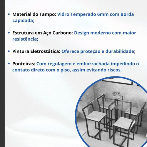 Mesa Quadrada Industrial 70cm Preta Tampo De Vidro Temperado