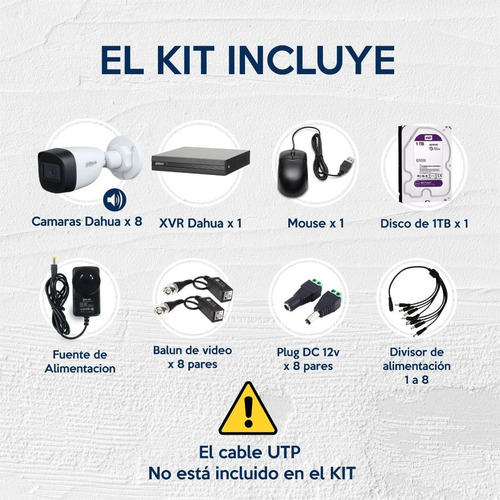 Imagen 3 de 10 de Kit Seguridad Dahua Cctv Dvr 8ch + 8 Camara 2mp Audio + 1tb