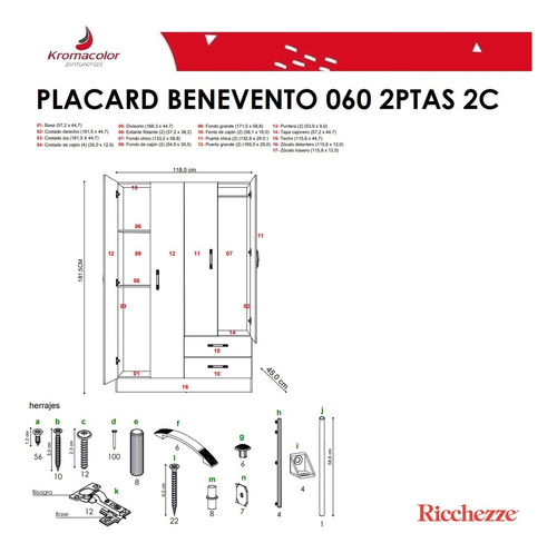 Placard Ropero Benevento 120 4 Puertas 2 Cajones Color Castaño