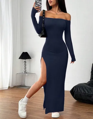 Vestido Longo Ombro Caído Fenda Elegante Tendência Feminina Azul-marinho P
