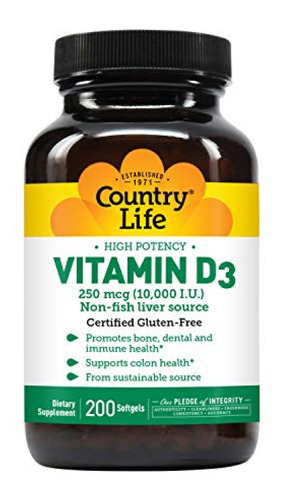 Suplemento Vitamina D Vitamina D3 10000 Ui Country Life 200 