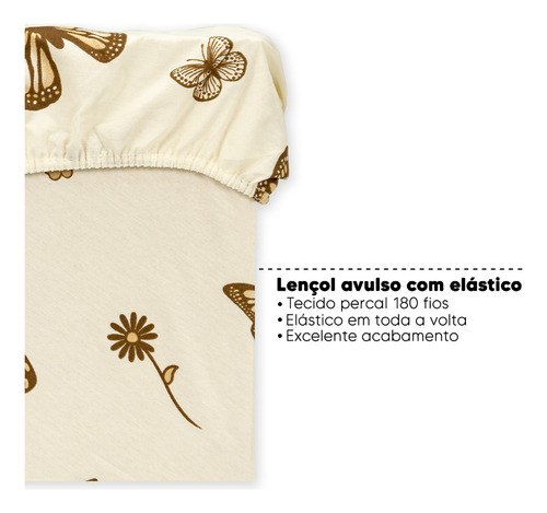 Lençol Casal Avulso Com Elástico Estampado 180 Fios 40 Cm Cor Borboletas Cáqui Desenho do tecido Estampas