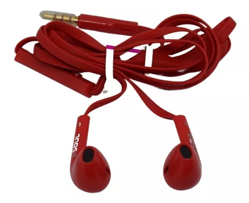Auriculares de color blanco y rojo con cable largo. Auriculares