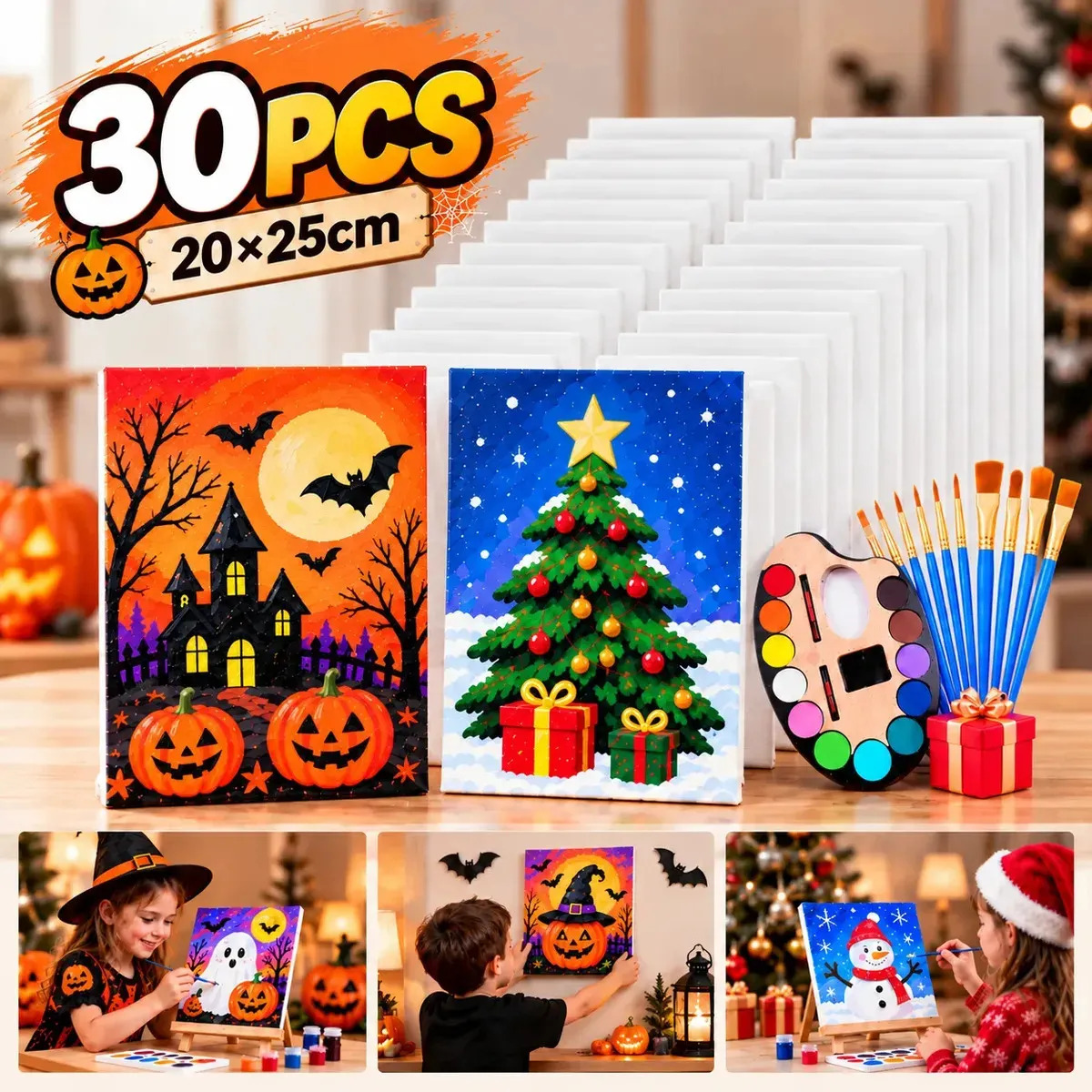 30pcs Tableros De Lienzo(En blanco, sin dibujar) 20x25 Cm, 100% Algodón, Sin Ácido. Para Acrílicos Y Óleos. Incluyen 10 Pinceles Y Paleta. Ideales Para Pintura, Estudio, Colegio Y 