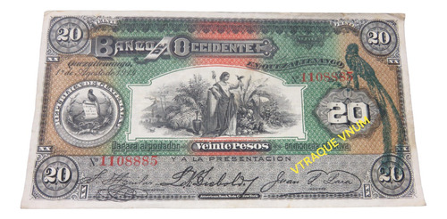 Billete 20 Pesos Guatemala 1914 Banco De Occidente Circulado