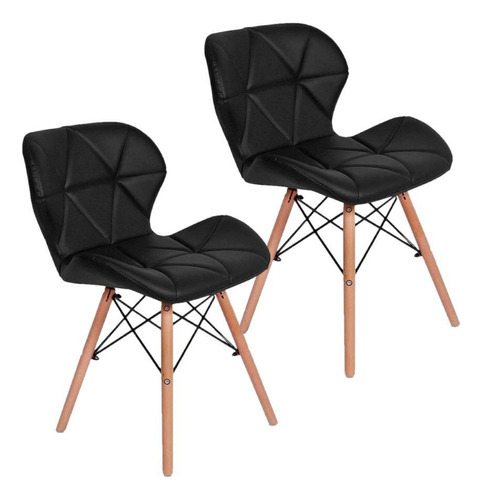 Kit 2 Cadeiras Charles Eames Eiffel Slim Wood Estofada Preta