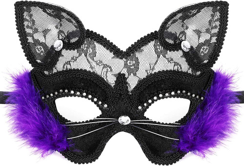 Máscara De Lujo Con Encaje De Gato Negro Para Disfraz