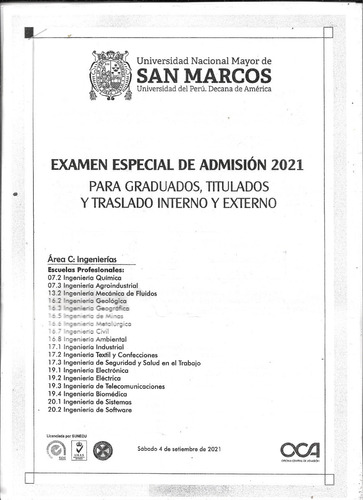 Examen Especial De Admisión San Marcos -área Ingeniería