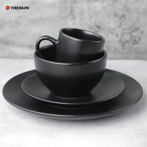 Vajilla Elegante Negro Mate Para 4 Personas 16 Piezas Liso