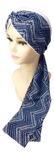 Turbante Dama Gorro Oncológico Con Banda Quimio Algodon Seda Color Blanco Con Azul Marino