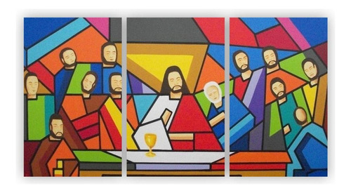 Quadro Religião Santa Ceia Moderna Colorida Canvas 125x65cm Cor Madeira Cor da armação Borda Infinita