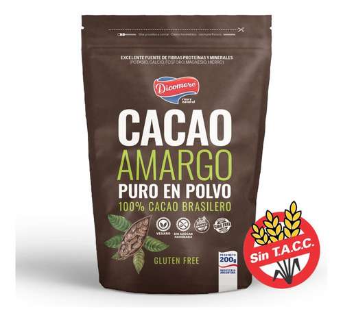 Cacao Amargo Puro En Polvo Brasilero Dicomere Sin Tacc 200g