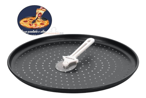 Forma Pizza Ø35cm Perfurada Cortador Alumínio Antiaderente Cor Chumbo