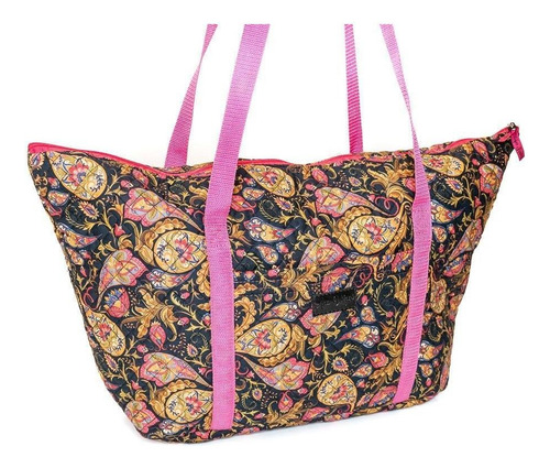 Bolsa Tote-shopper Tecido Ana Viégas Feminina Espaçosa Praia Cor Preto Desenho Do Tecido