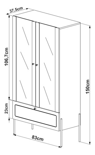 Cristaleira 2 Portas De Vidro 1 Gaveta 83cm Pés Em Metal Cor Hanover Com Dourado