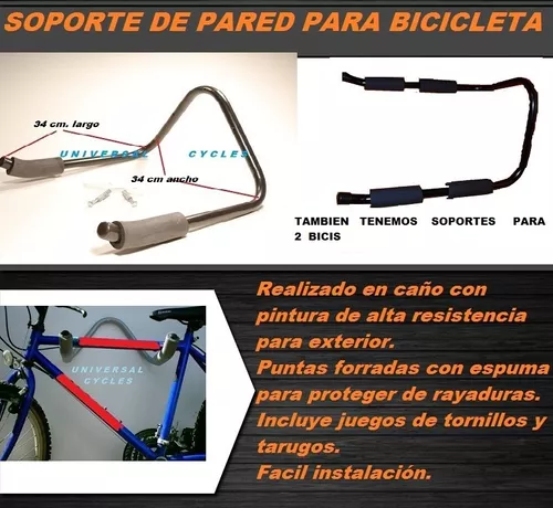 Soporte Bicicleta Pared Horizontal Gancho Cuelga Bici Con Tornillos Y  Tarugos Apto Exterior Todos Los Rodados