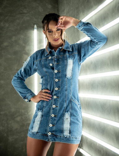 Imagem 2 de 6 de Vestido Chamise/max Jaqueta Jeans Bordado Manga Longa 6166