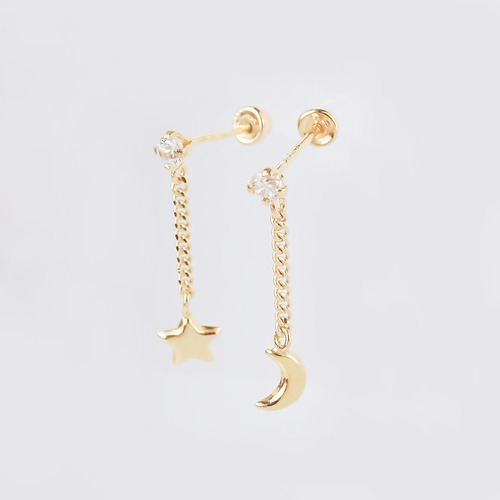 Amor Eterno- Broqueles Luna Estrella Cadena / Aretes Oro 10k