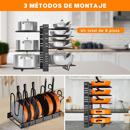 Organizador De Sartenes Y Ollas Más Grueso De 8 Niveles, Estante De Ollas Y Sartenes 3 Métodos De Bricolaje, Soporte De Ollas Y Sartenes Para Armario Y Gabinetes De Cocina, Organizador De Tapas