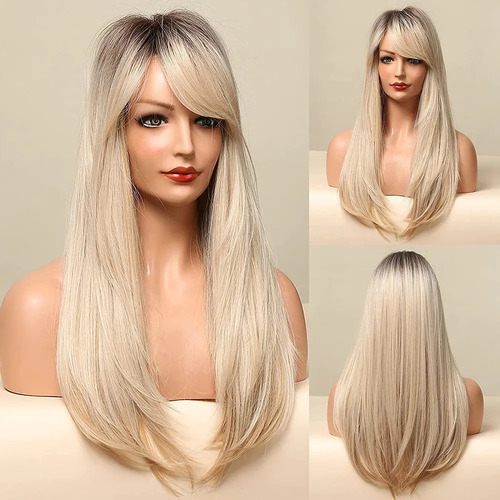 Peluca Larga Rubia Con Flequillo Pelucas Rectas Naturales-