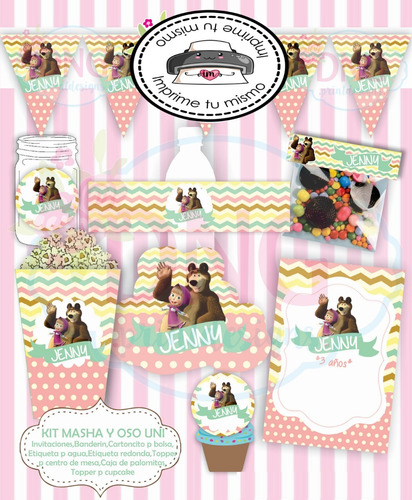 Kit Imprimible Masha Y El Oso Invitación Etiquetas Candy Bar