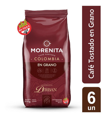 Morenita Cafe En Granos Tostado Colombia 500 Gr X 6 Unidades