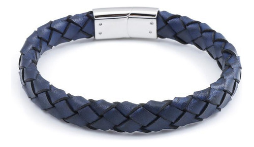 Bracelete Rosso Aço 20cm Couro Azul Trançado10mm Fecho Steel