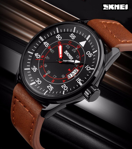 Skmei - Reloj Cuero Estilo Militar Clásico Fechador