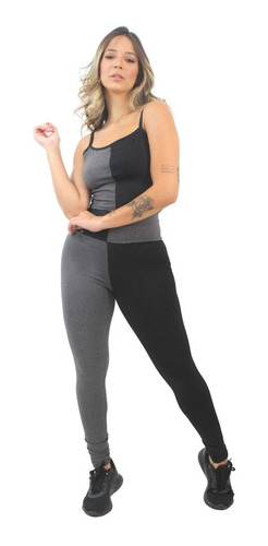 Conjunto Fitness Cropped Alcinha E Calça Legging Preto E Me